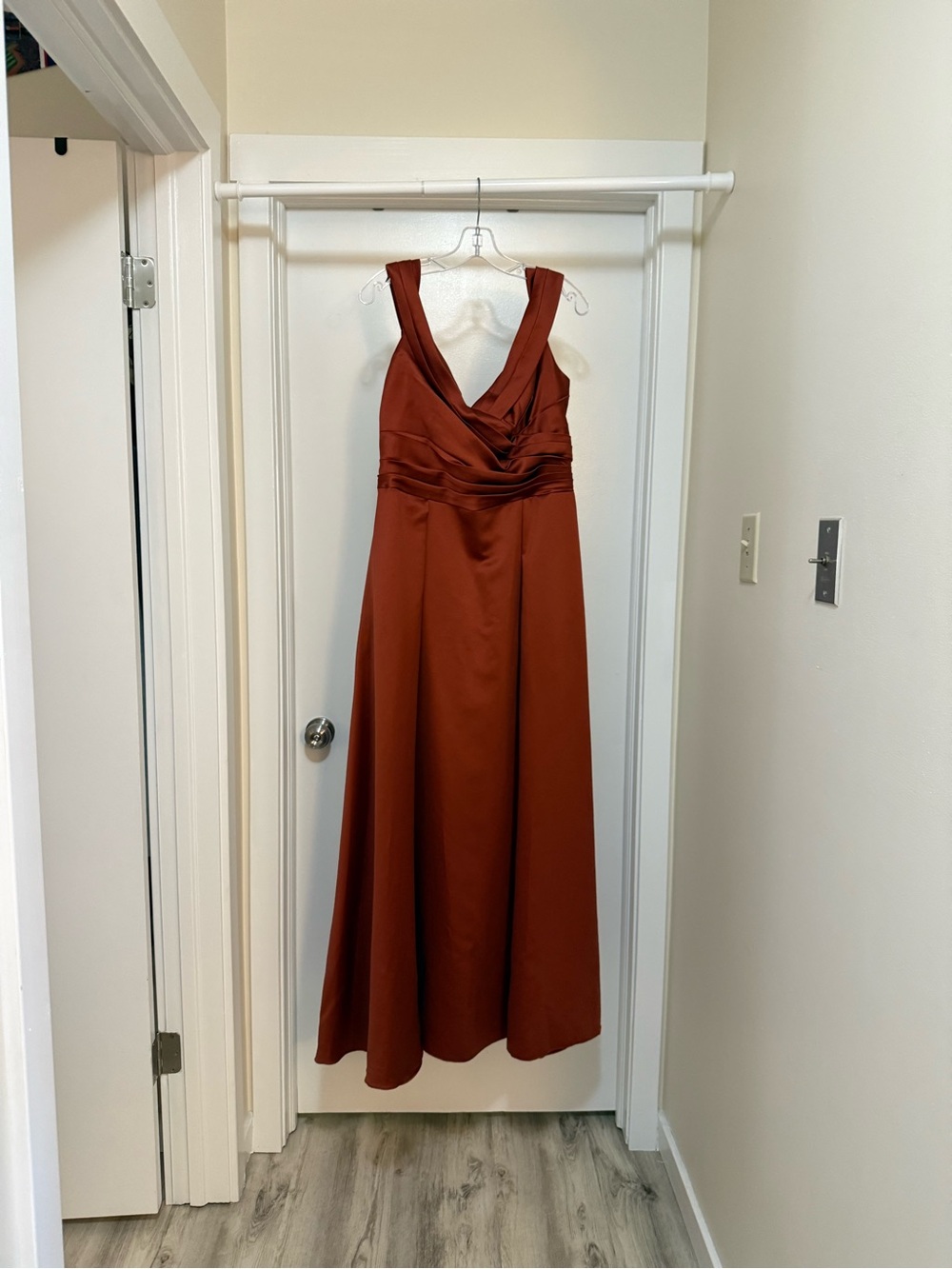 David's Bridal Rust Satin V-Neck A-Line Gown